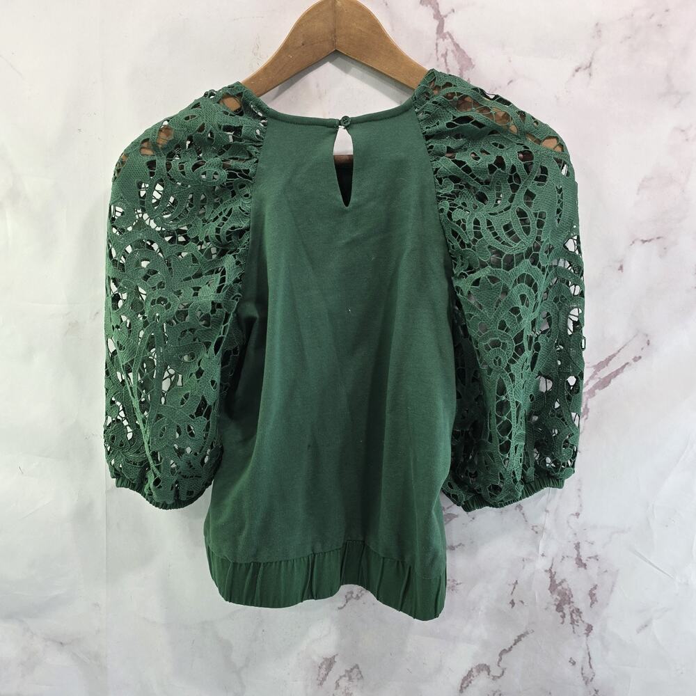 Anthropologie Top Womens XS Green Lace Crop Elastic Crochet Dolan Knit Puff - Picture 5 of 9